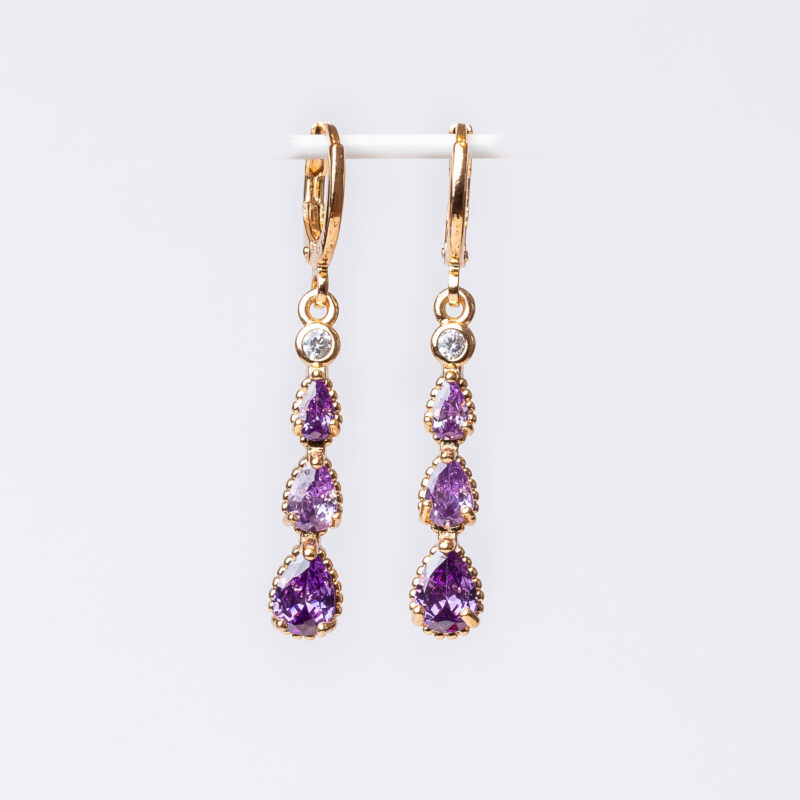 aretes largos de piedra morada urban lyon baño de oro 18k